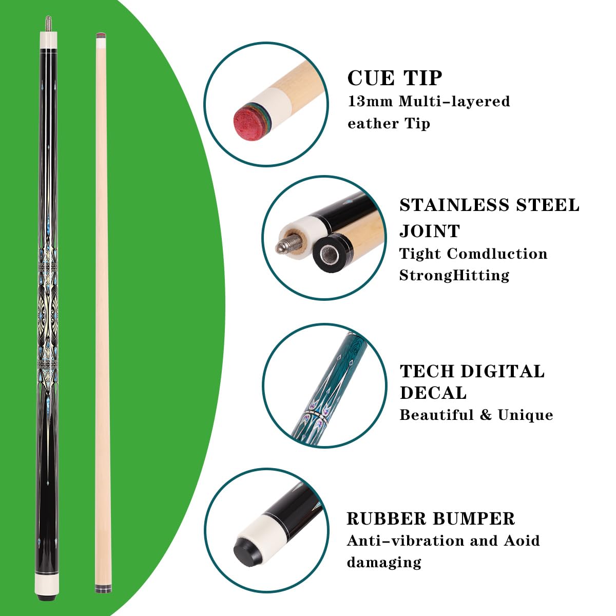 58" Canadian Maple Pool Cue – 13mm Tip
