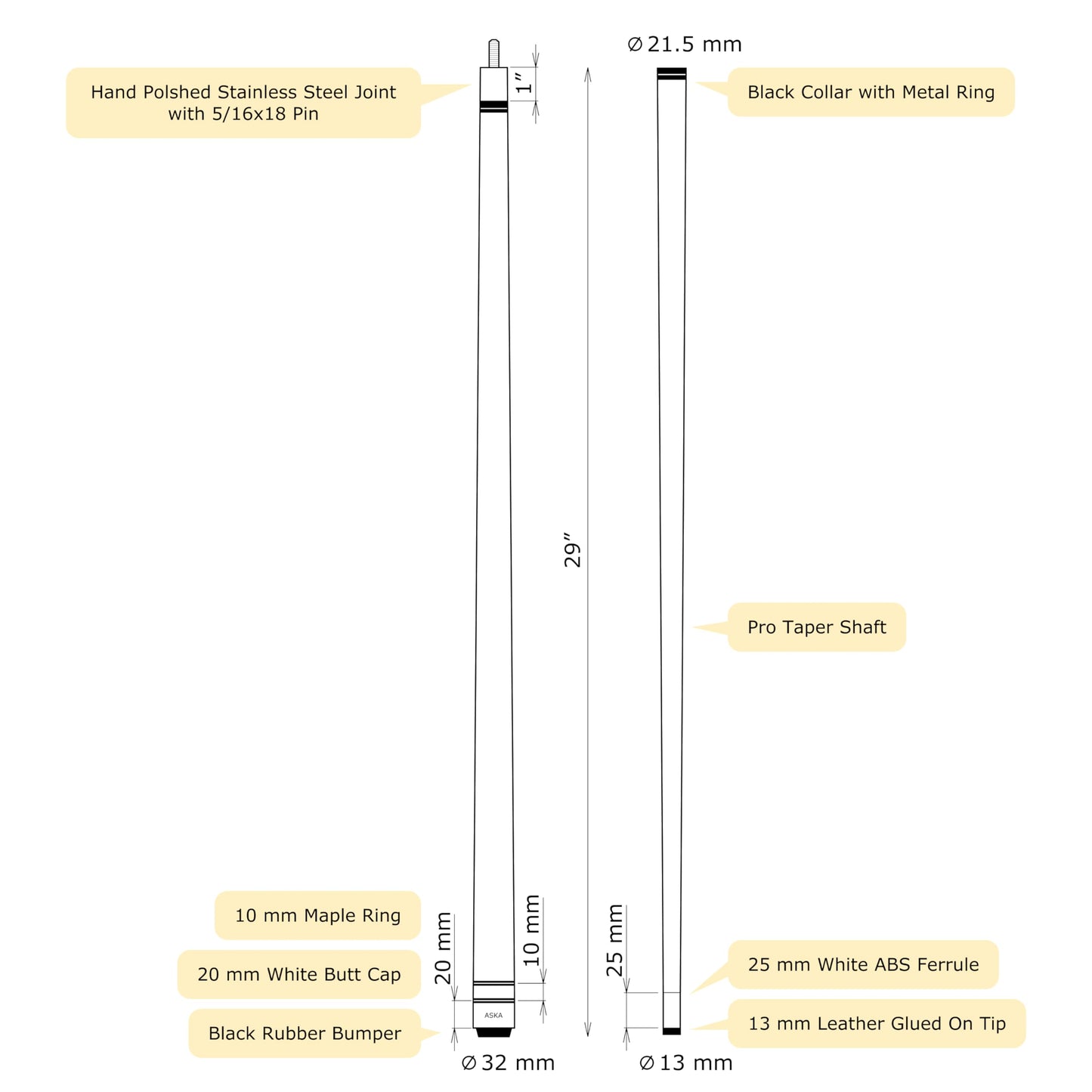 ASKA L3 58" No Wrap Pool Cue – Maple, 13mm Tip