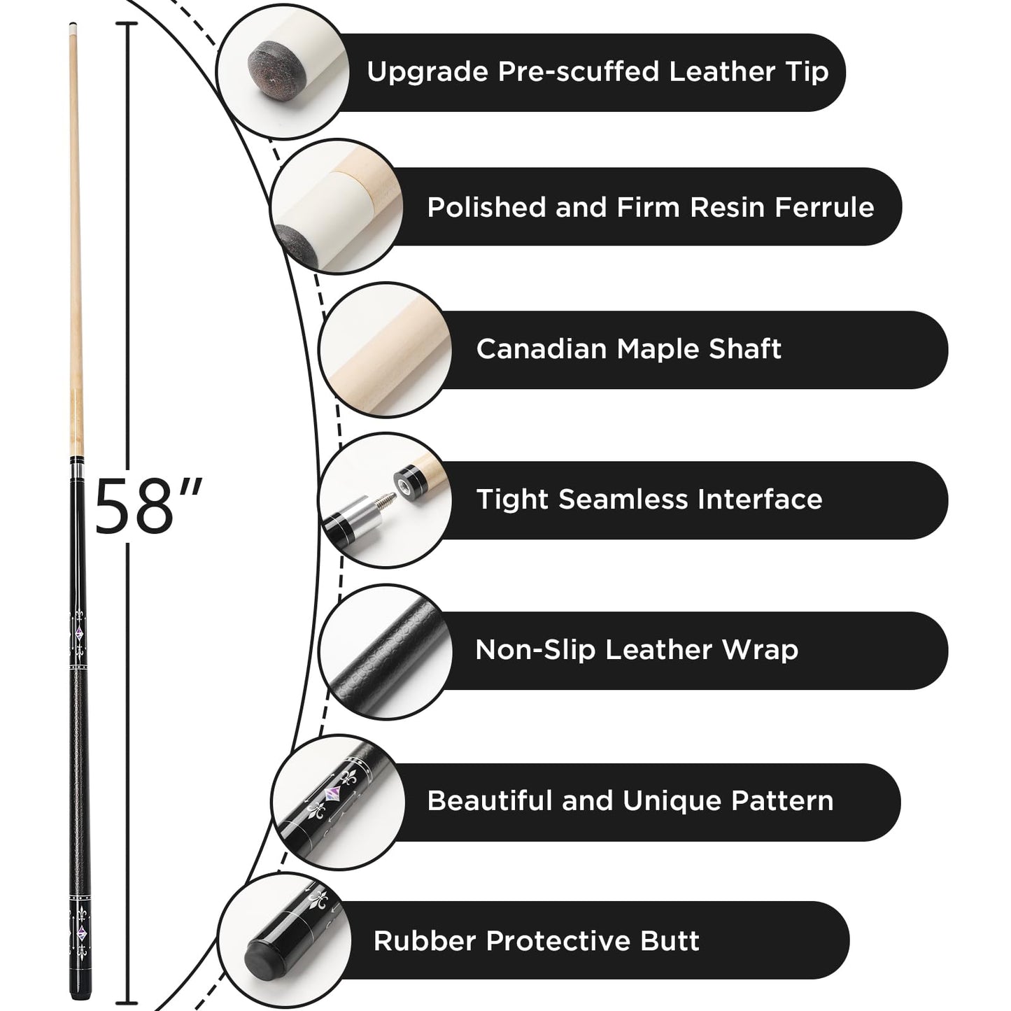 58" Maple Pool Cue Stick – Leather Grip, 18-21oz