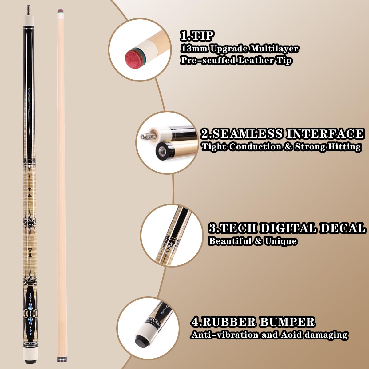 58" Canadian Maple Pool Cue – 13mm Tip