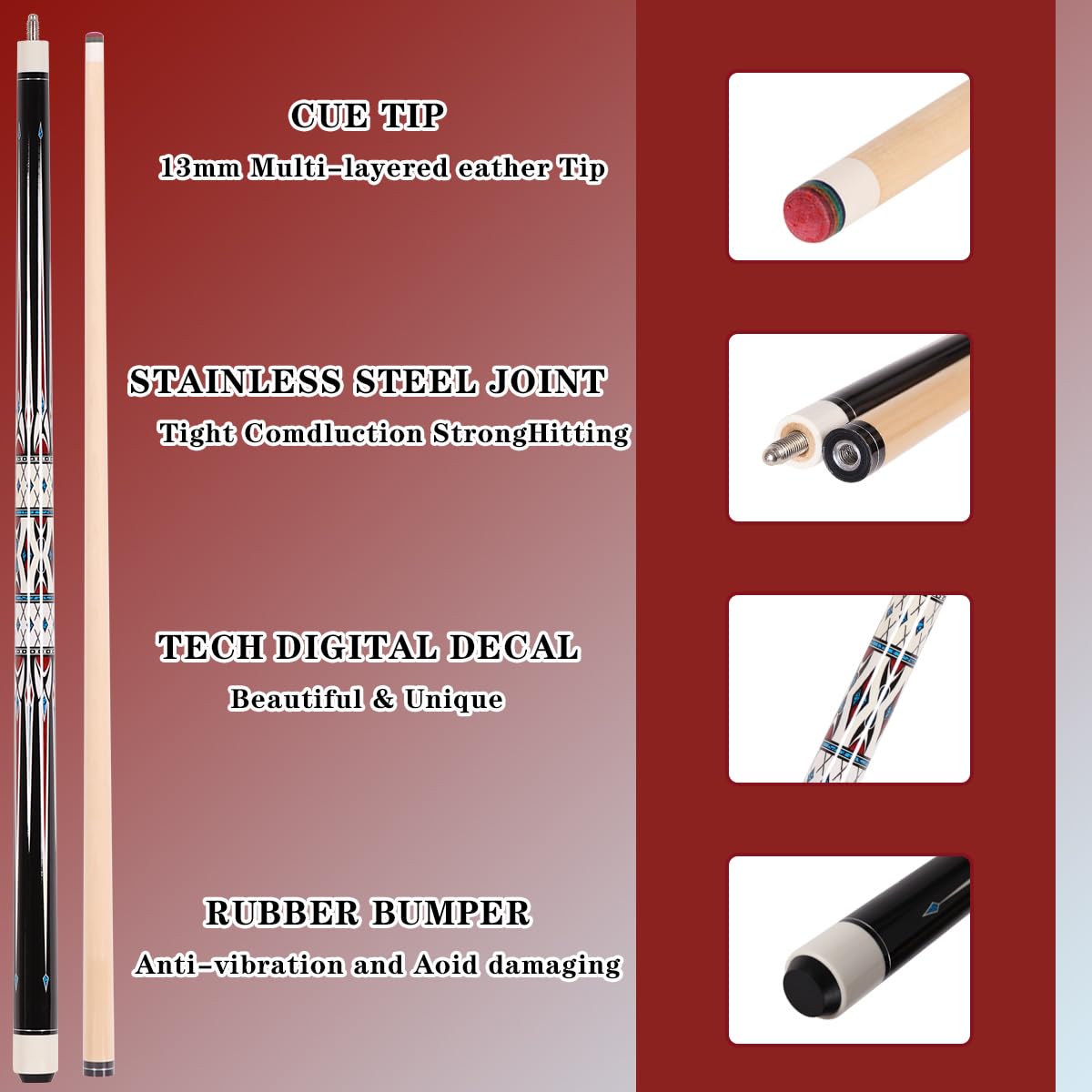 58" Canadian Maple Pool Cue – 13mm Tip