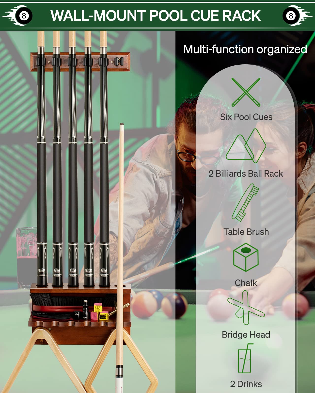 Wall Mount Pool Cue Rack – 6 Sticks