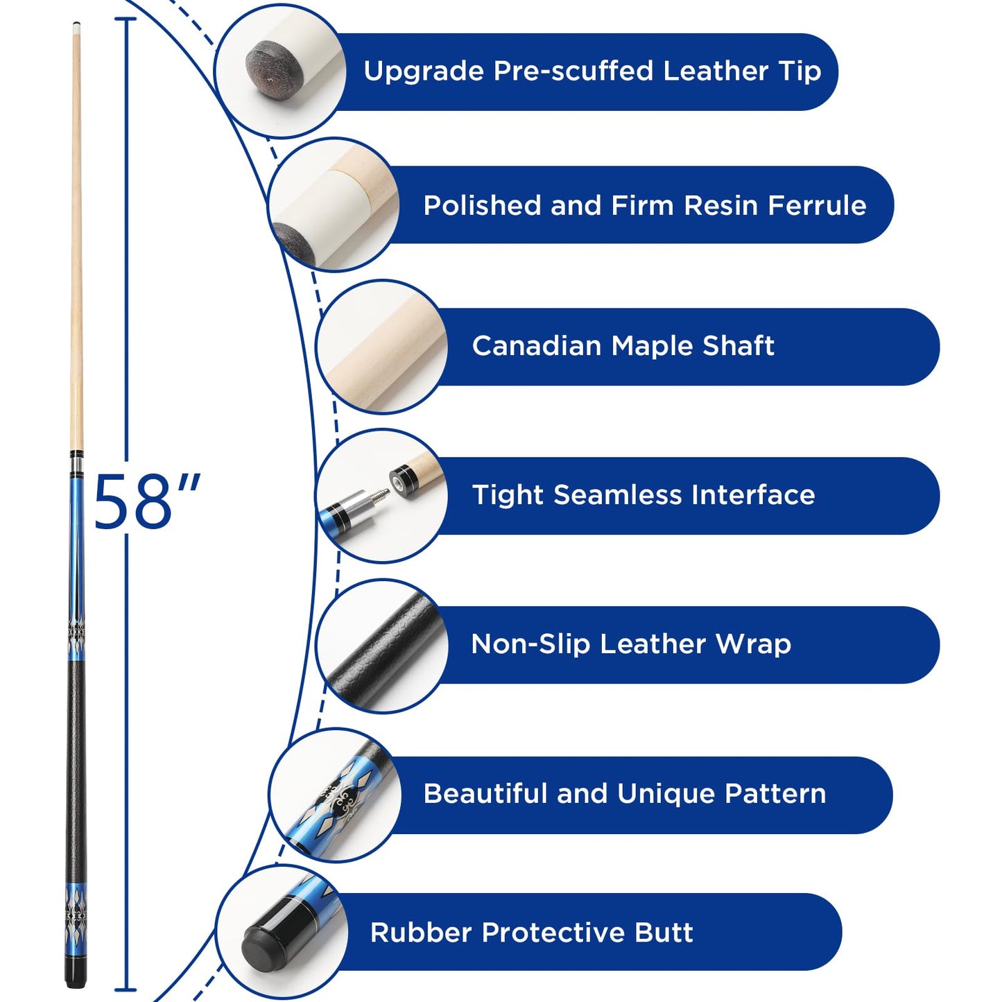 58" Maple Pool Cue Stick – Leather Grip, 18-21oz