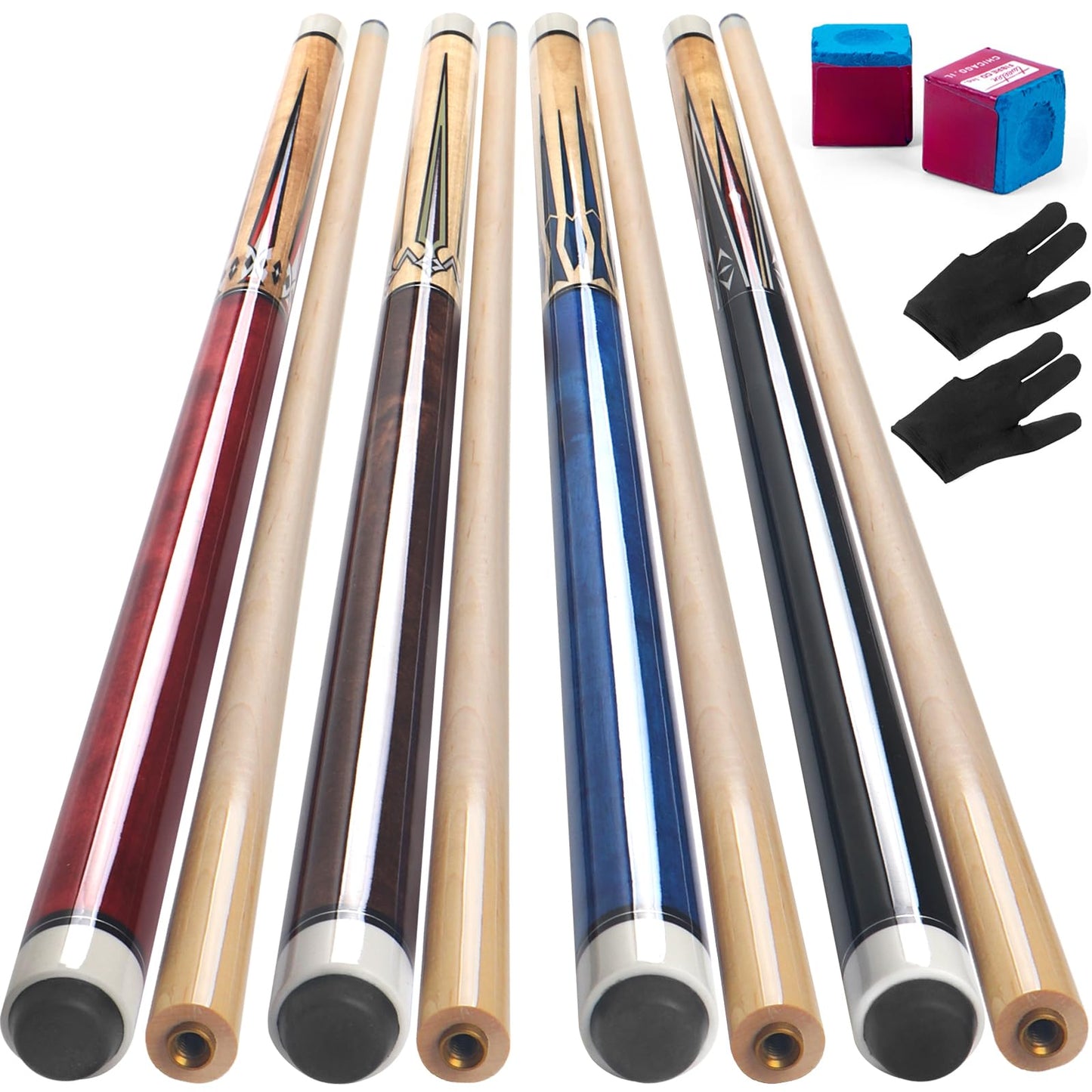 4-Pack 58" Maple Pool Cue Sticks – 18-21oz