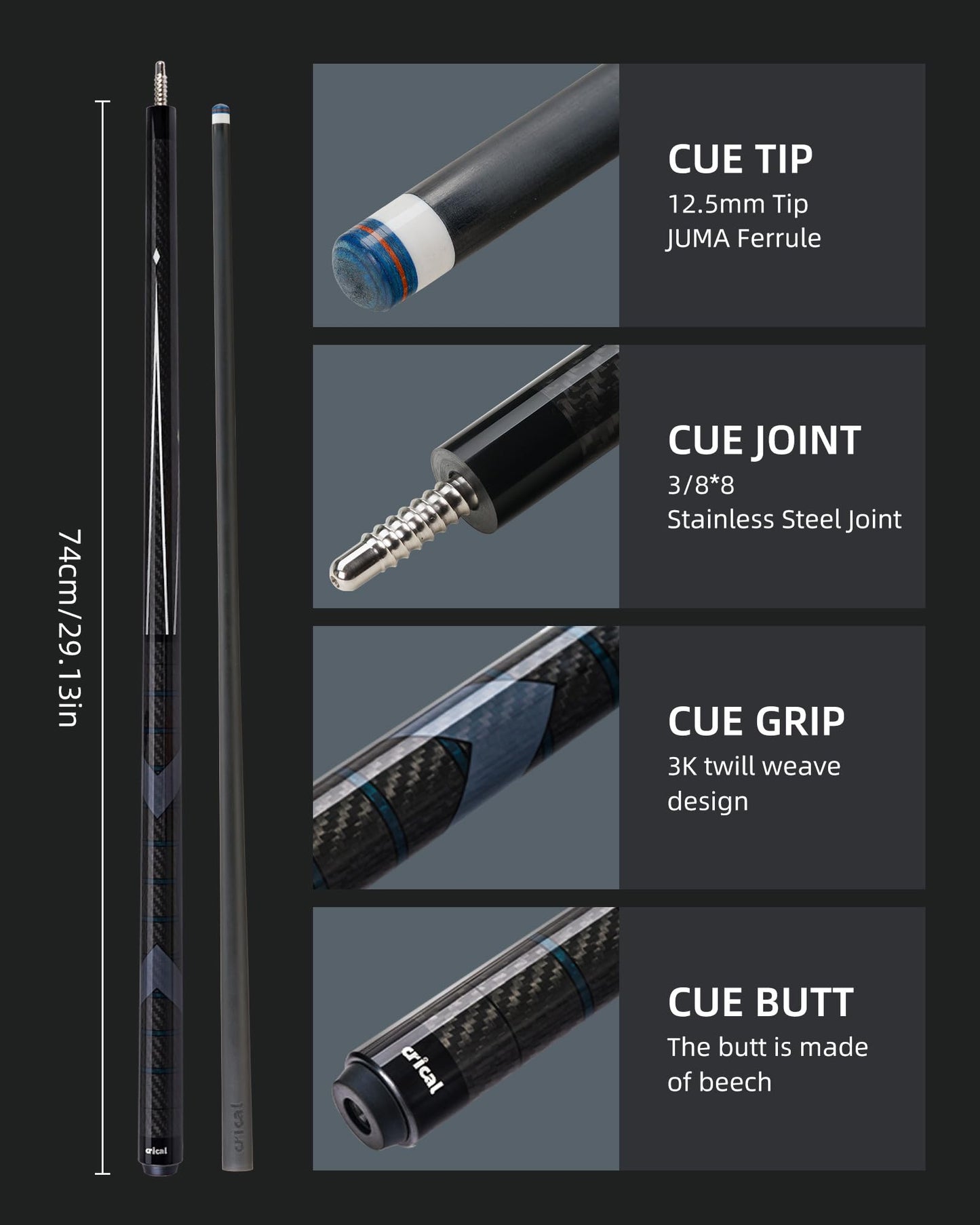 CRICAL 58" Carbon Fiber Pool Cue