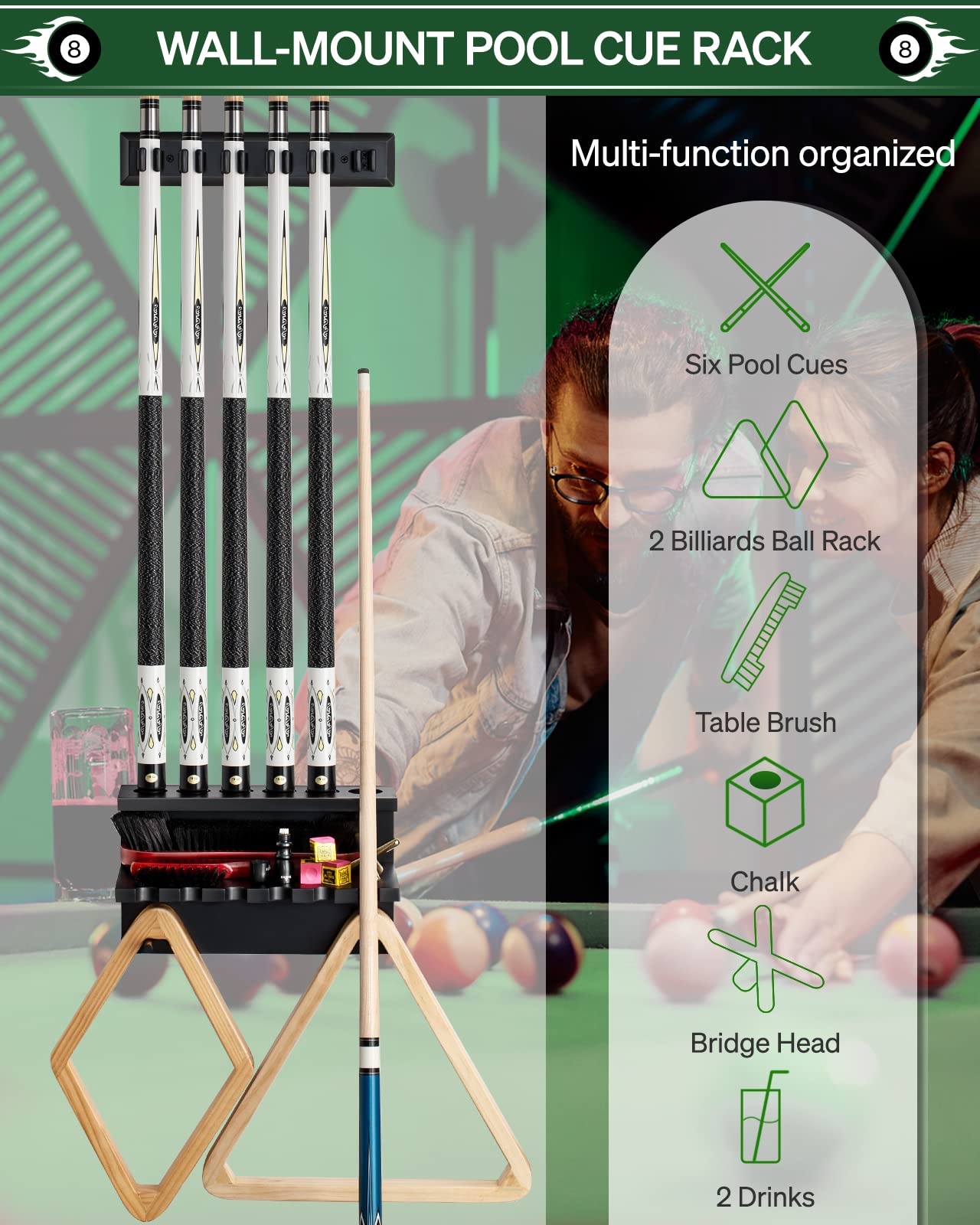 Wall Mount Pool Cue Rack – 6 Sticks