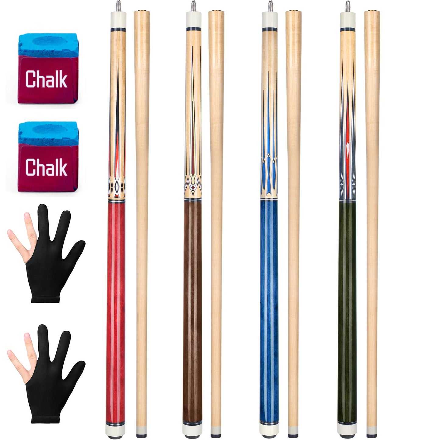 4-Pack 58" Maple Pool Cue Sticks – 18-21oz
