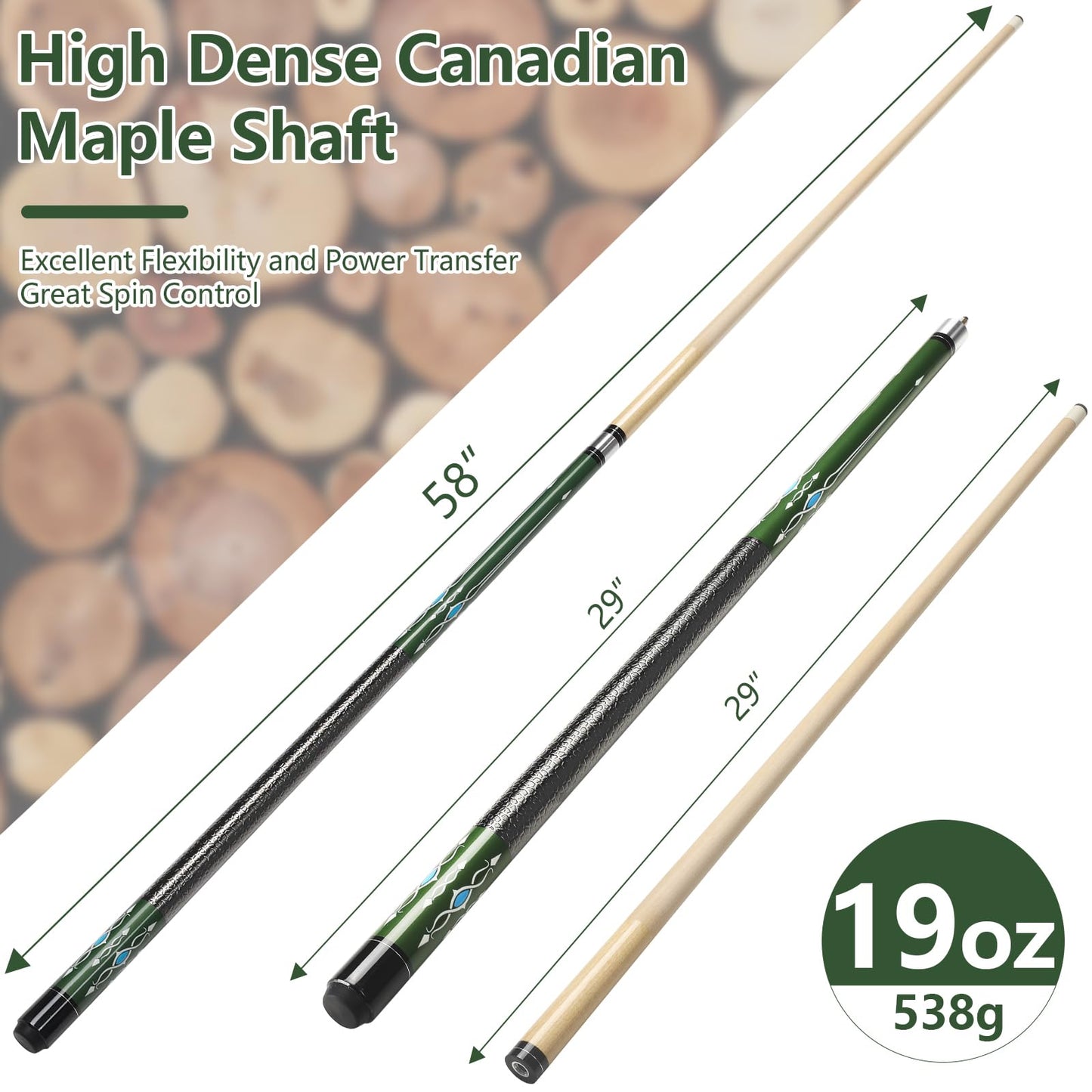 58" Maple Pool Cue Stick – Leather Grip, 18-21oz