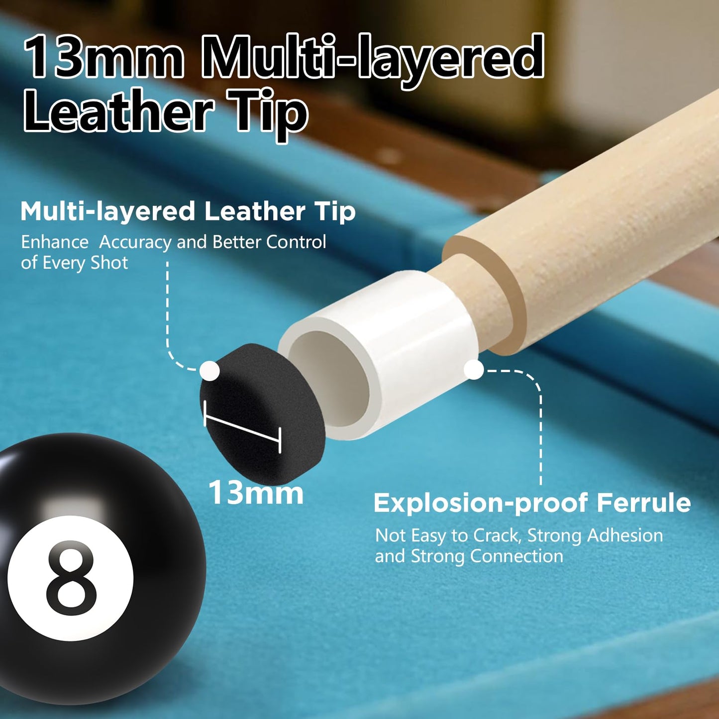 58" Maple Pool Cue Stick – Leather Grip, 18-21oz