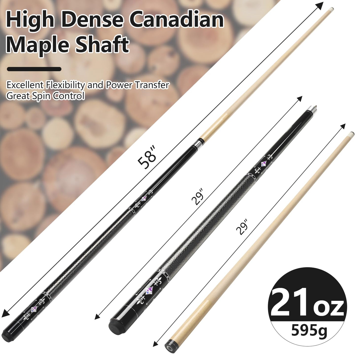58" Maple Pool Cue Stick – Leather Grip, 18-21oz
