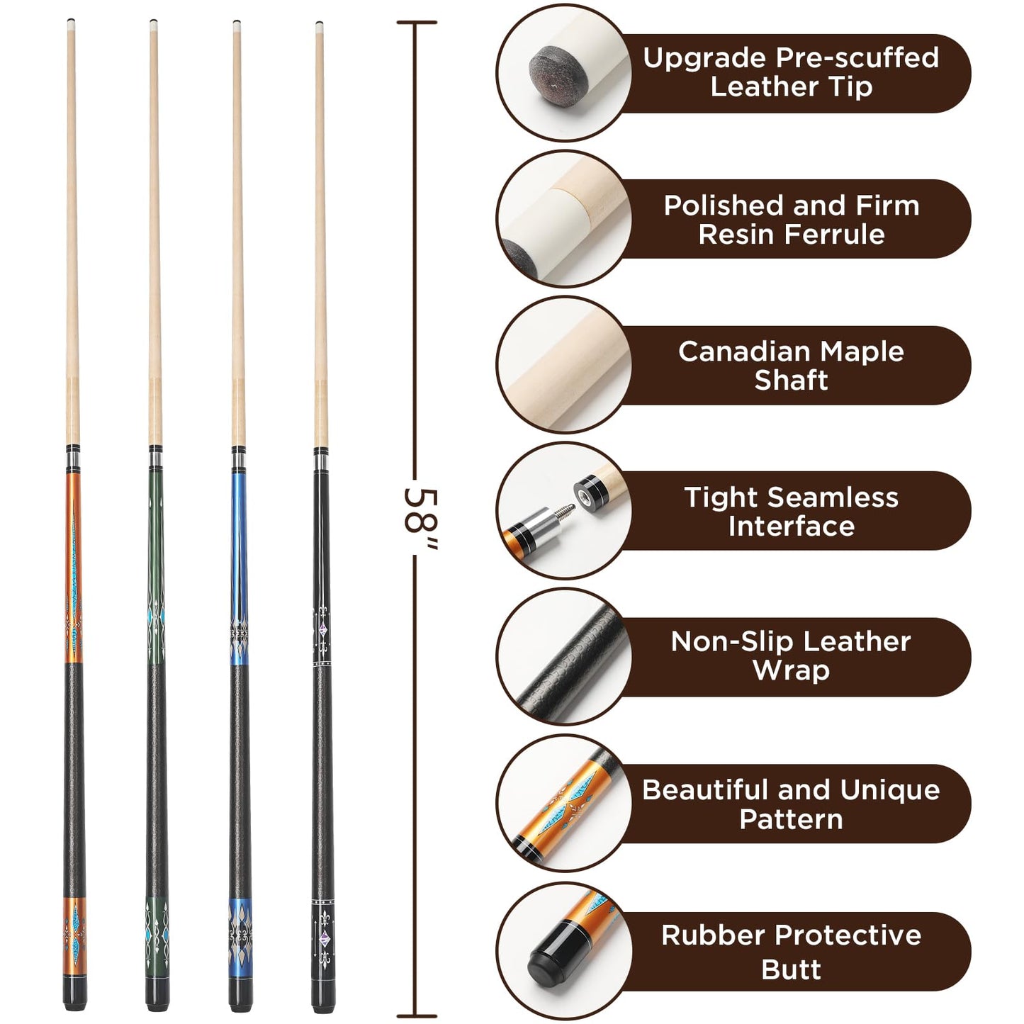 58" Maple Pool Cue Stick – Leather Grip, 18-21oz