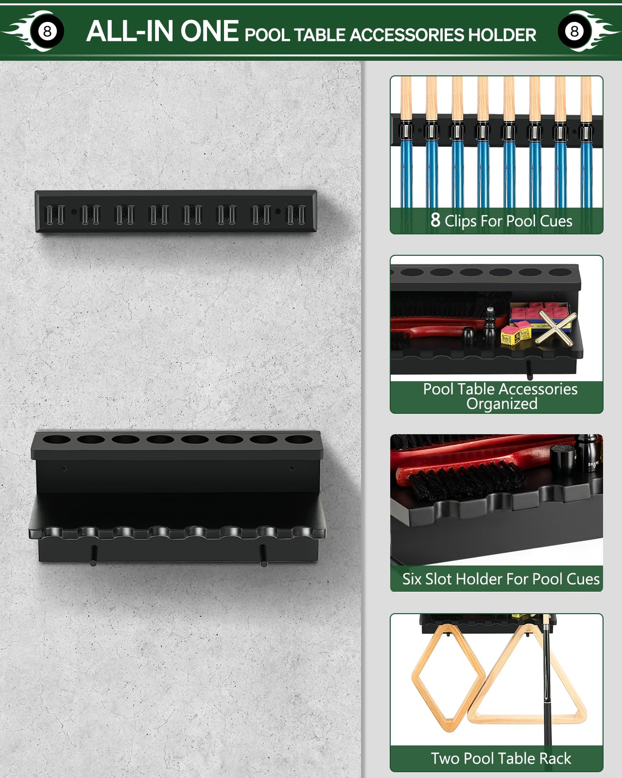 Wall Mount Pool Cue Rack – 6 Sticks