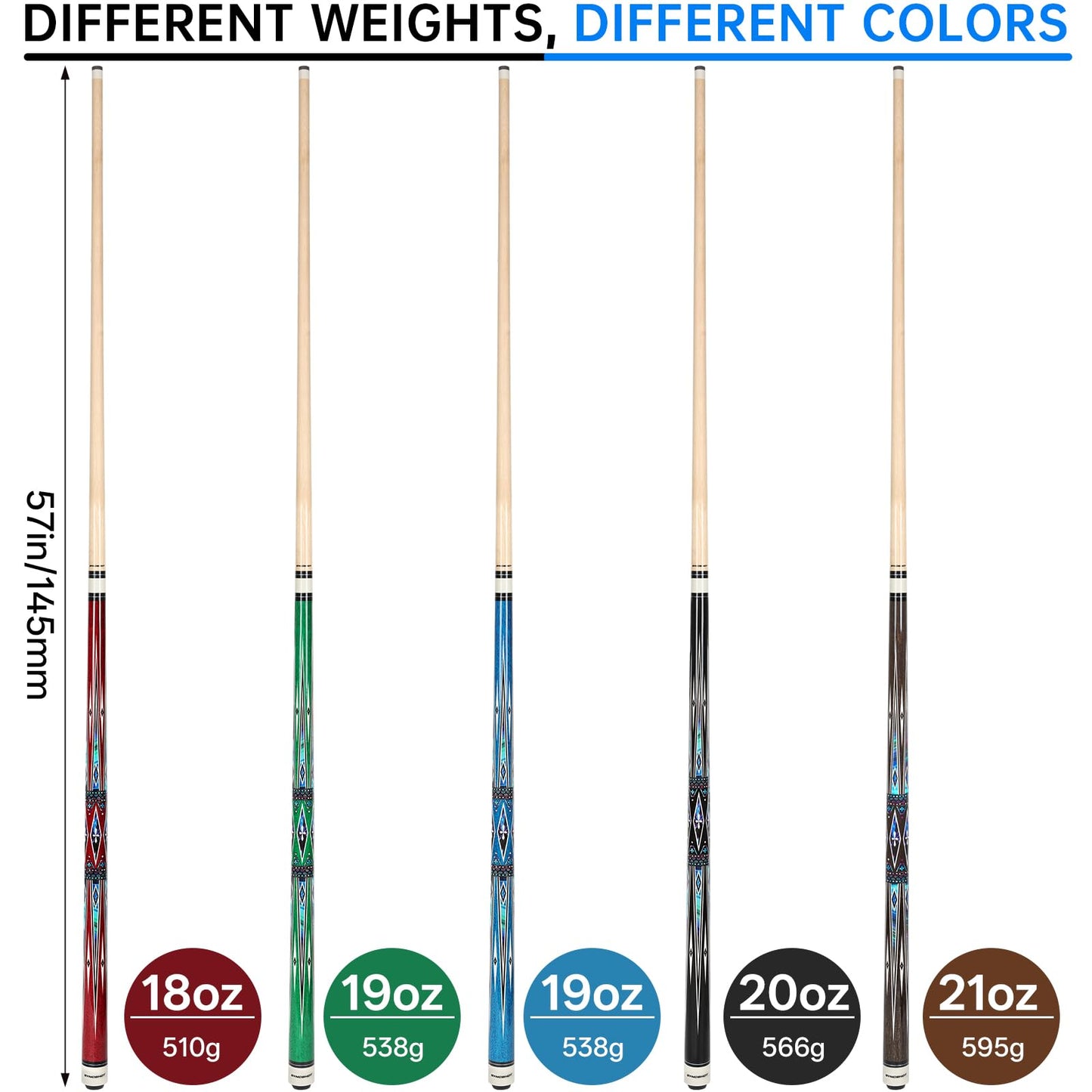 5-Pack 58" Maple Pool Cues – 18-21oz