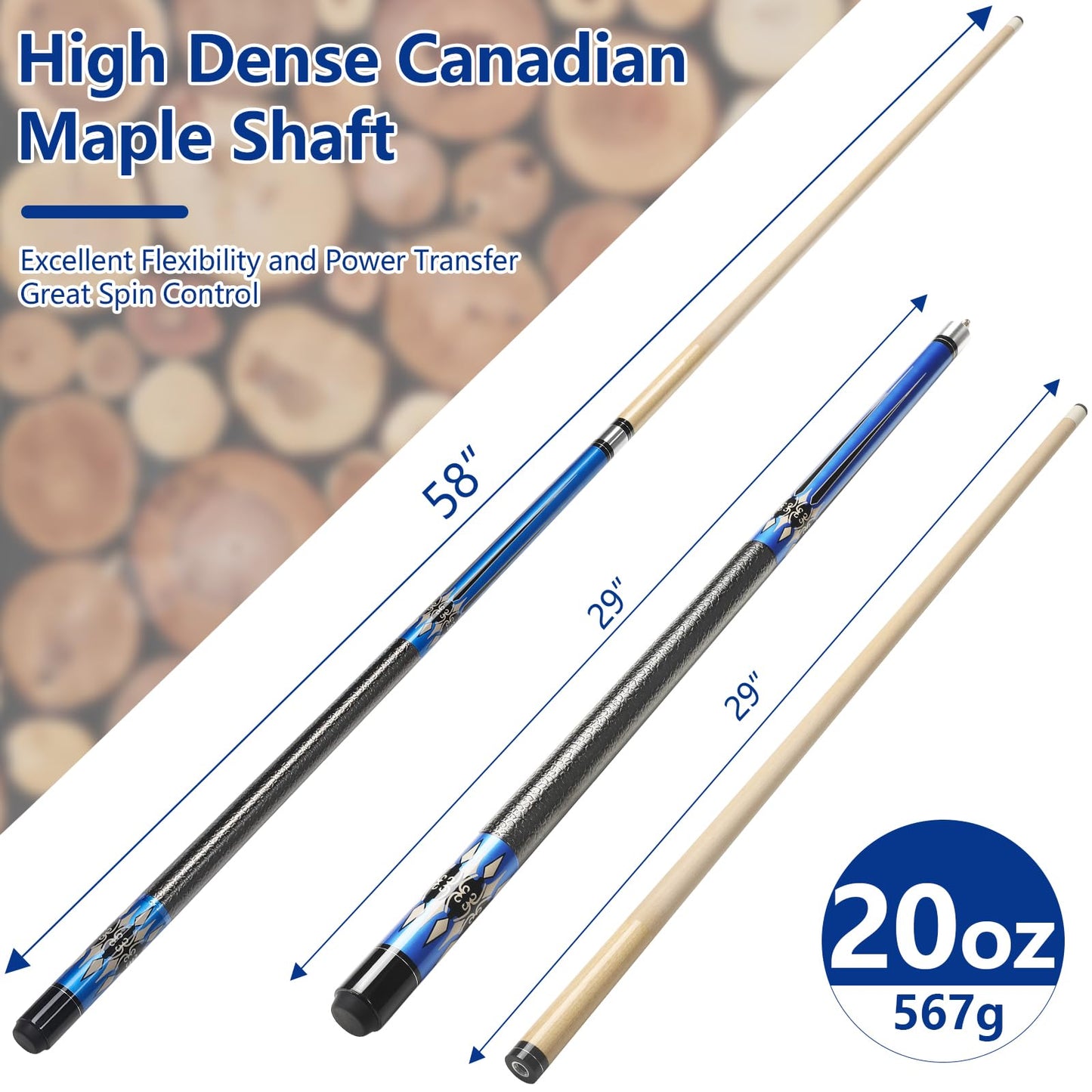 58" Maple Pool Cue Stick – Leather Grip, 18-21oz