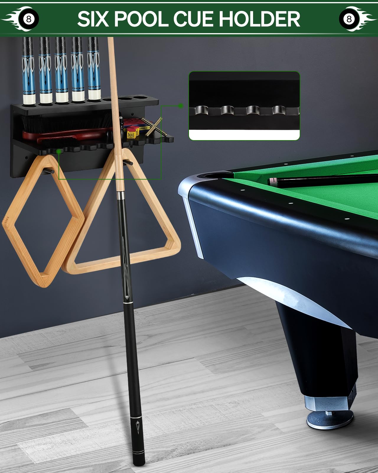 Wall Mount Pool Cue Rack – 6 Sticks
