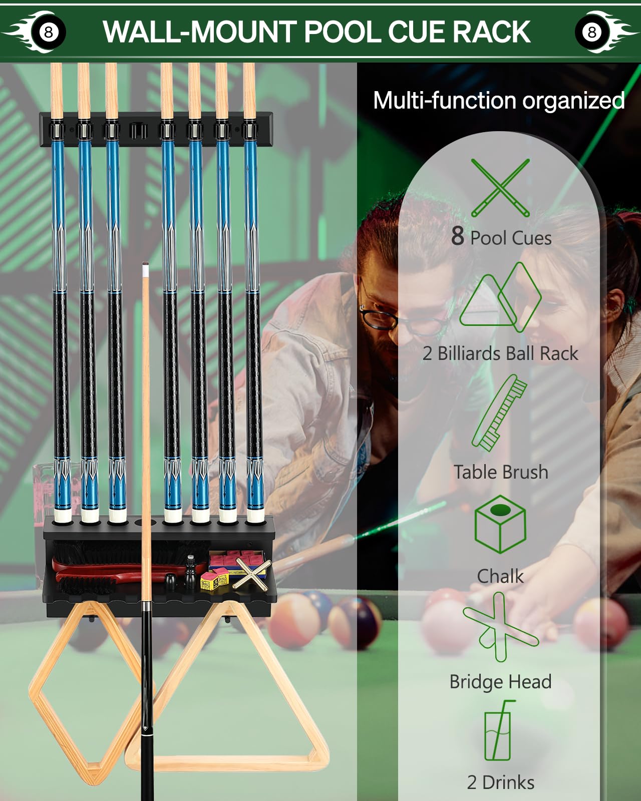 Wall Mount Pool Cue Rack – 6 Sticks