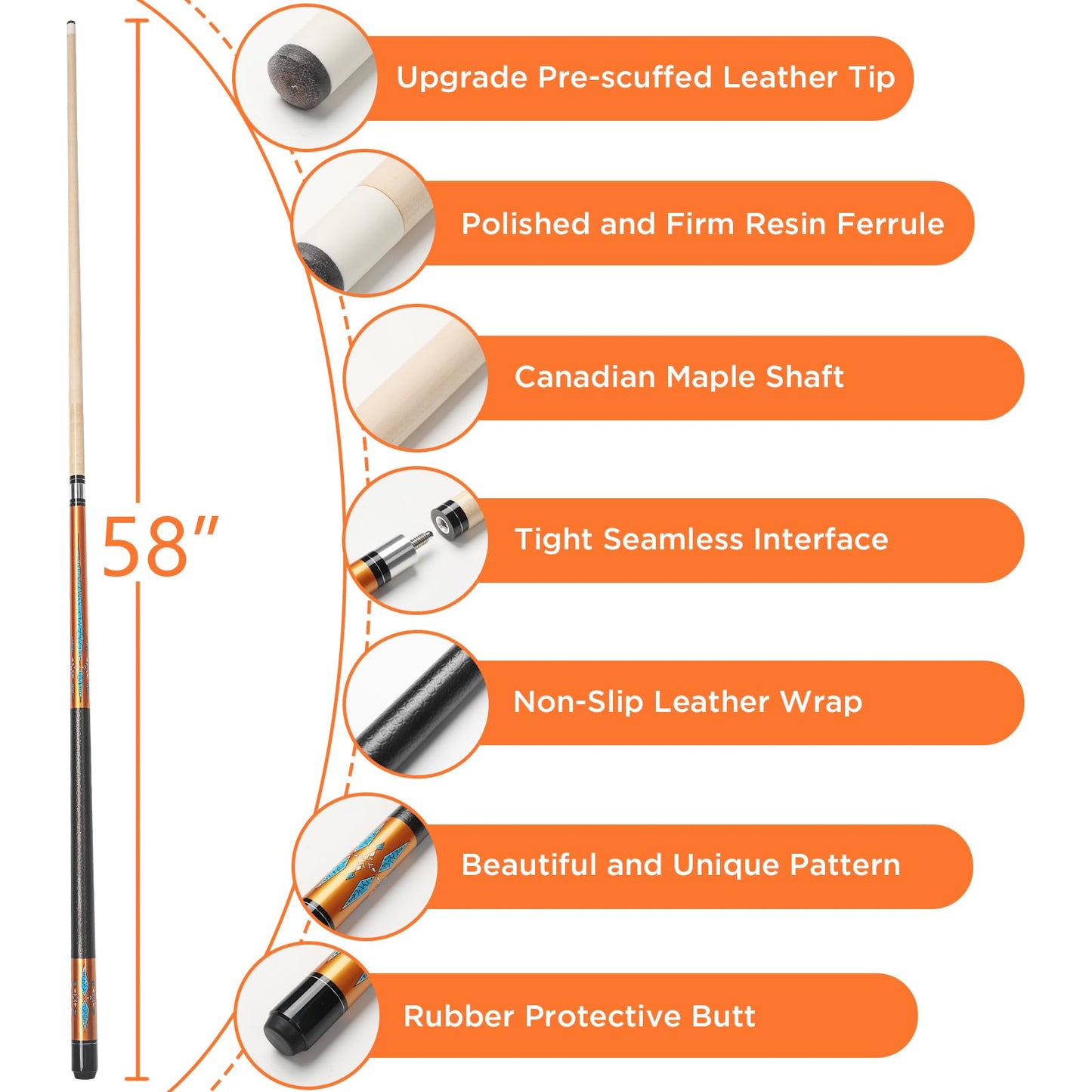 58" Maple Pool Cue Stick – Leather Grip, 18-21oz