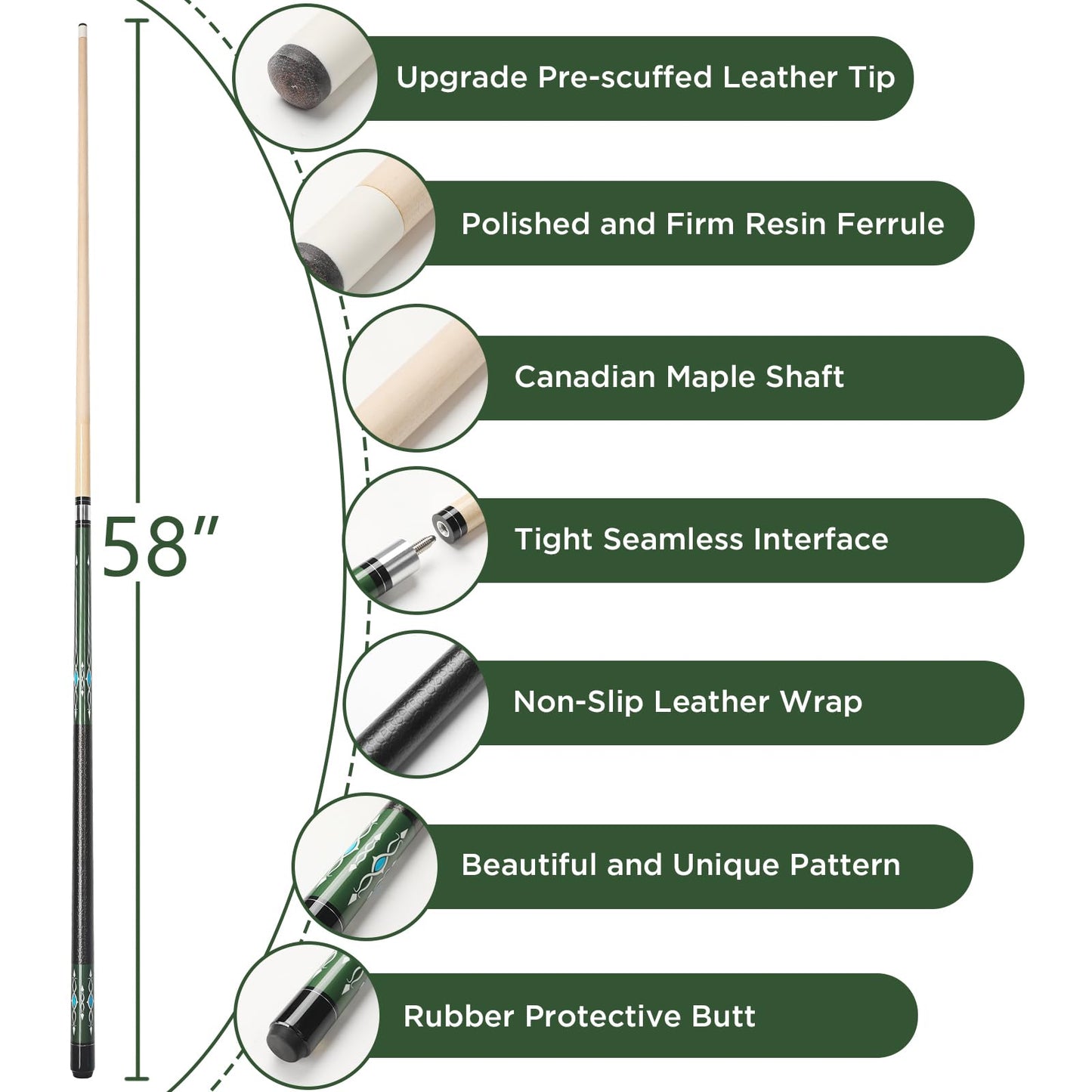 58" Maple Pool Cue Stick – Leather Grip, 18-21oz