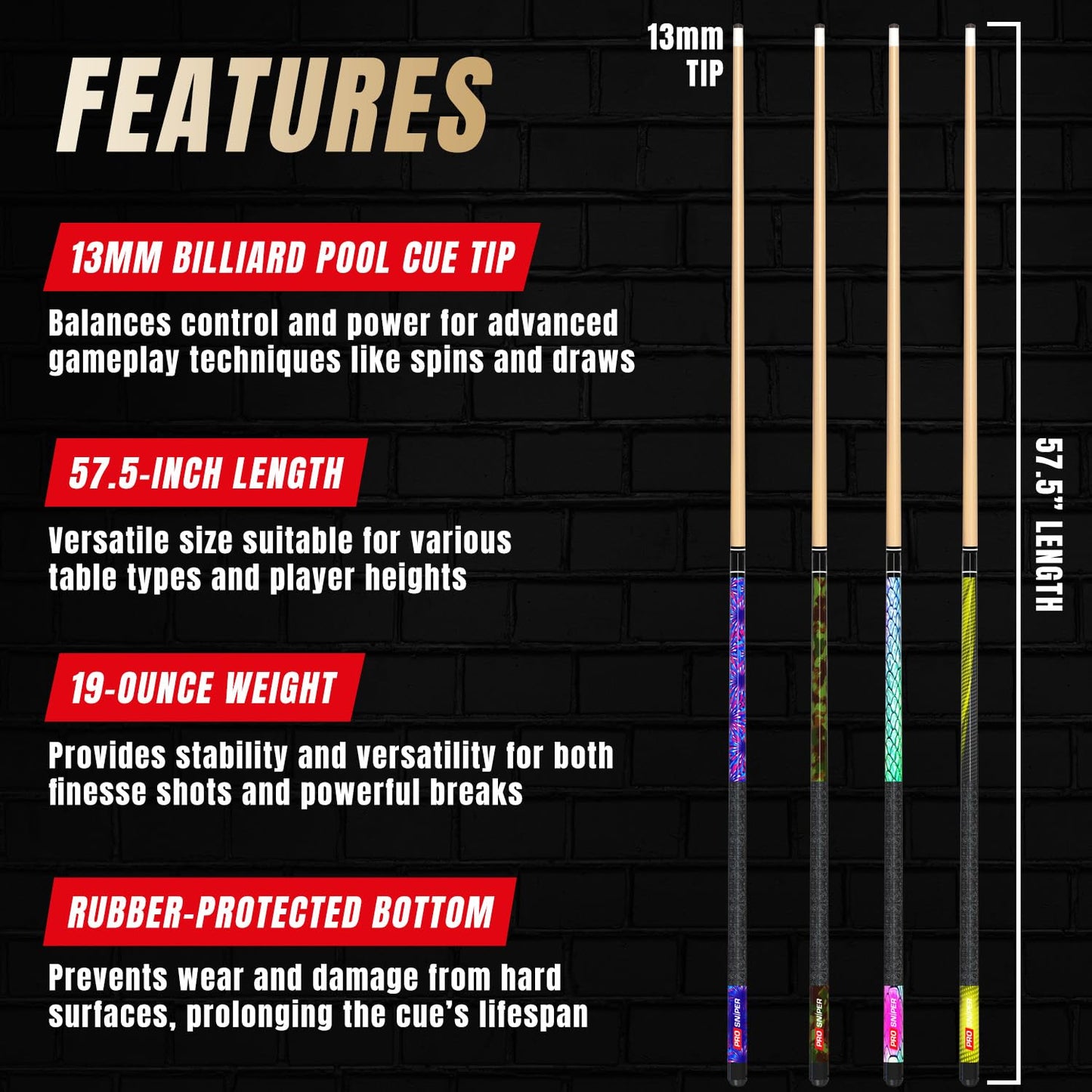 Premium 4-Pack 58" Maple Pool Cues