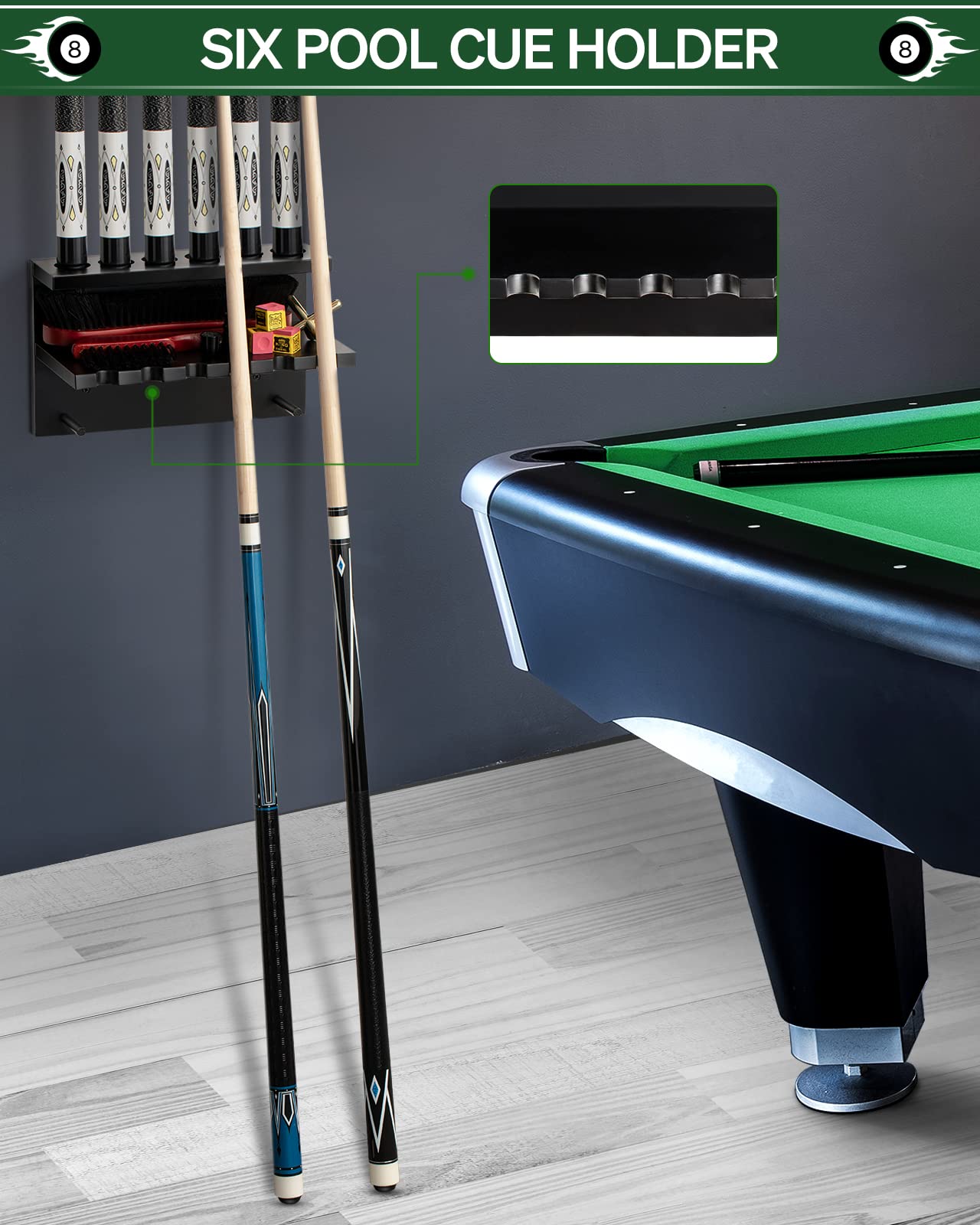 Wall Mount Pool Cue Rack – 6 Sticks