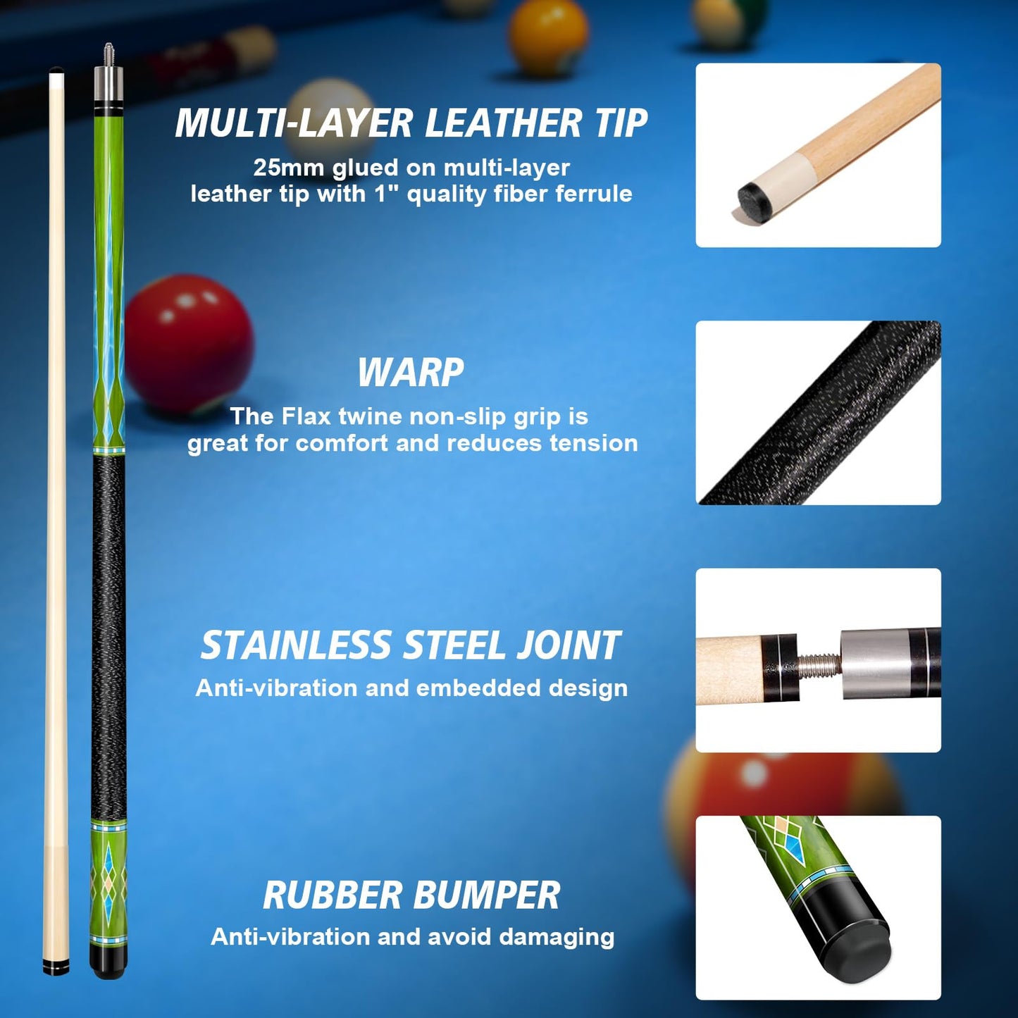 4-Pack 58" Maple Pool Cue Sticks – Includes Chalk
