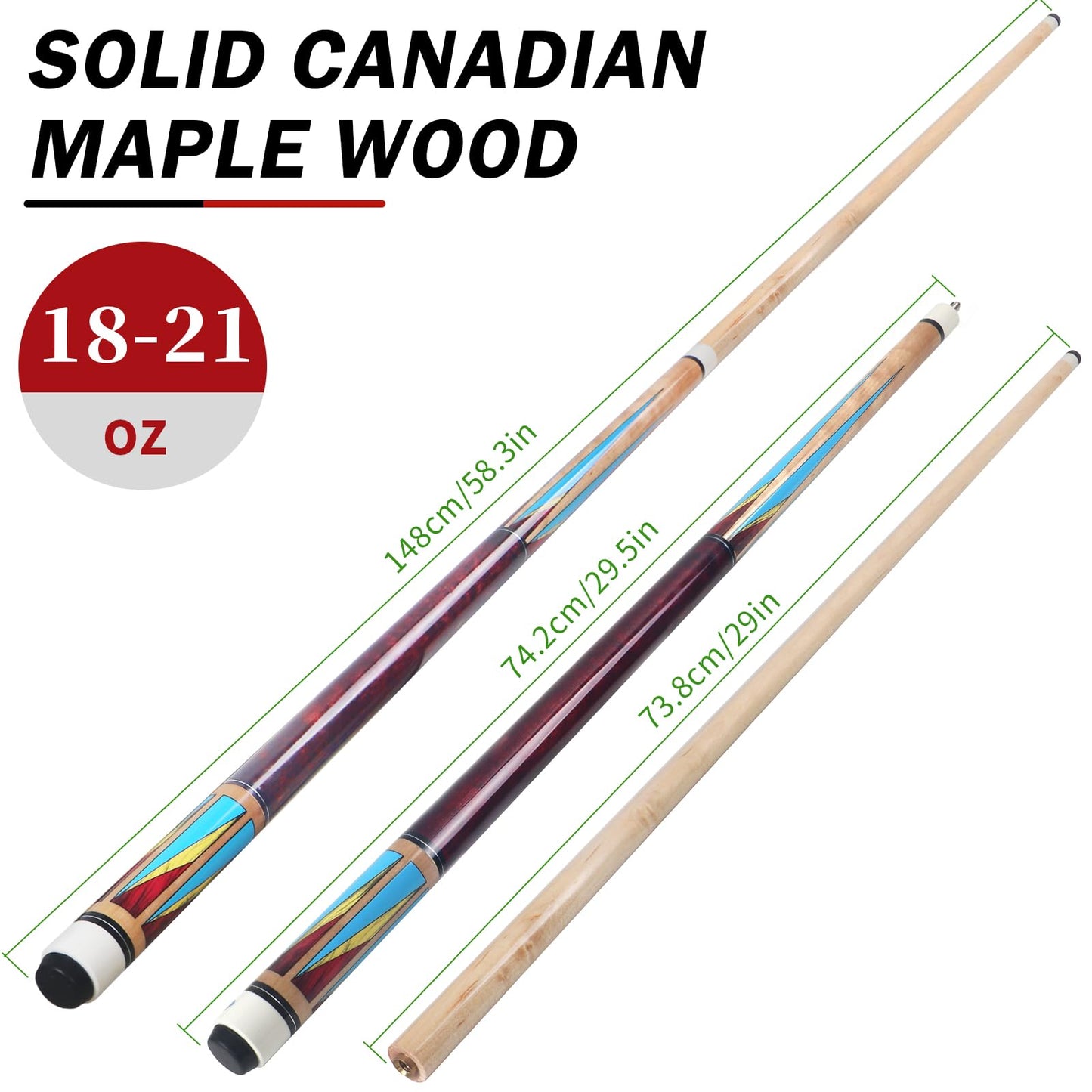 4-Pack 58" Maple Pool Cue Sticks – 18-21oz