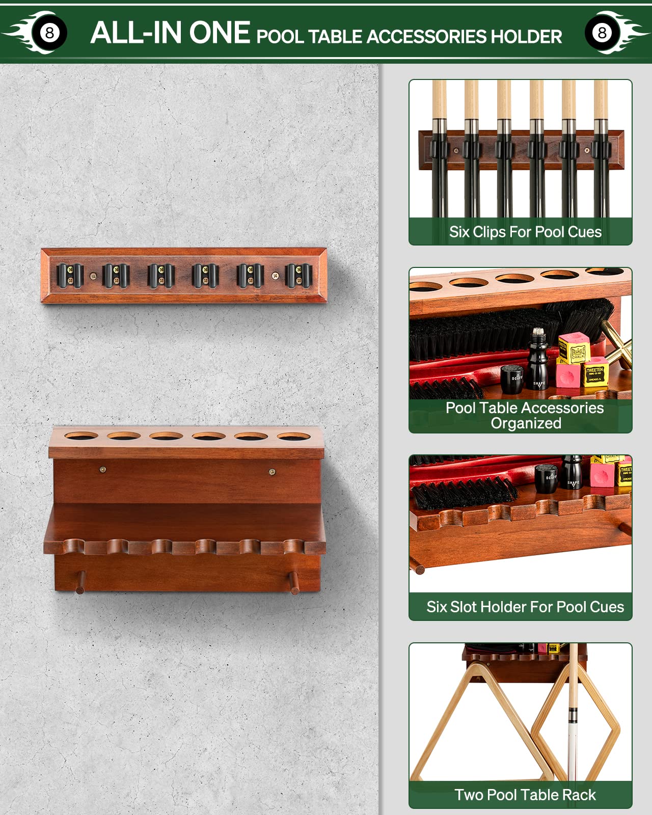 Wall Mount Pool Cue Rack – 6 Sticks