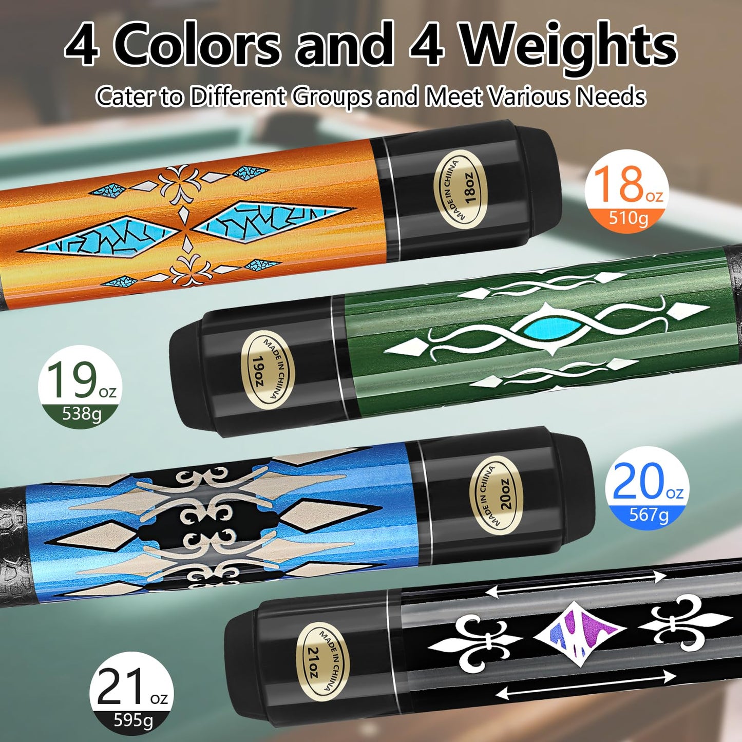 58" Maple Pool Cue Stick – Leather Grip, 18-21oz