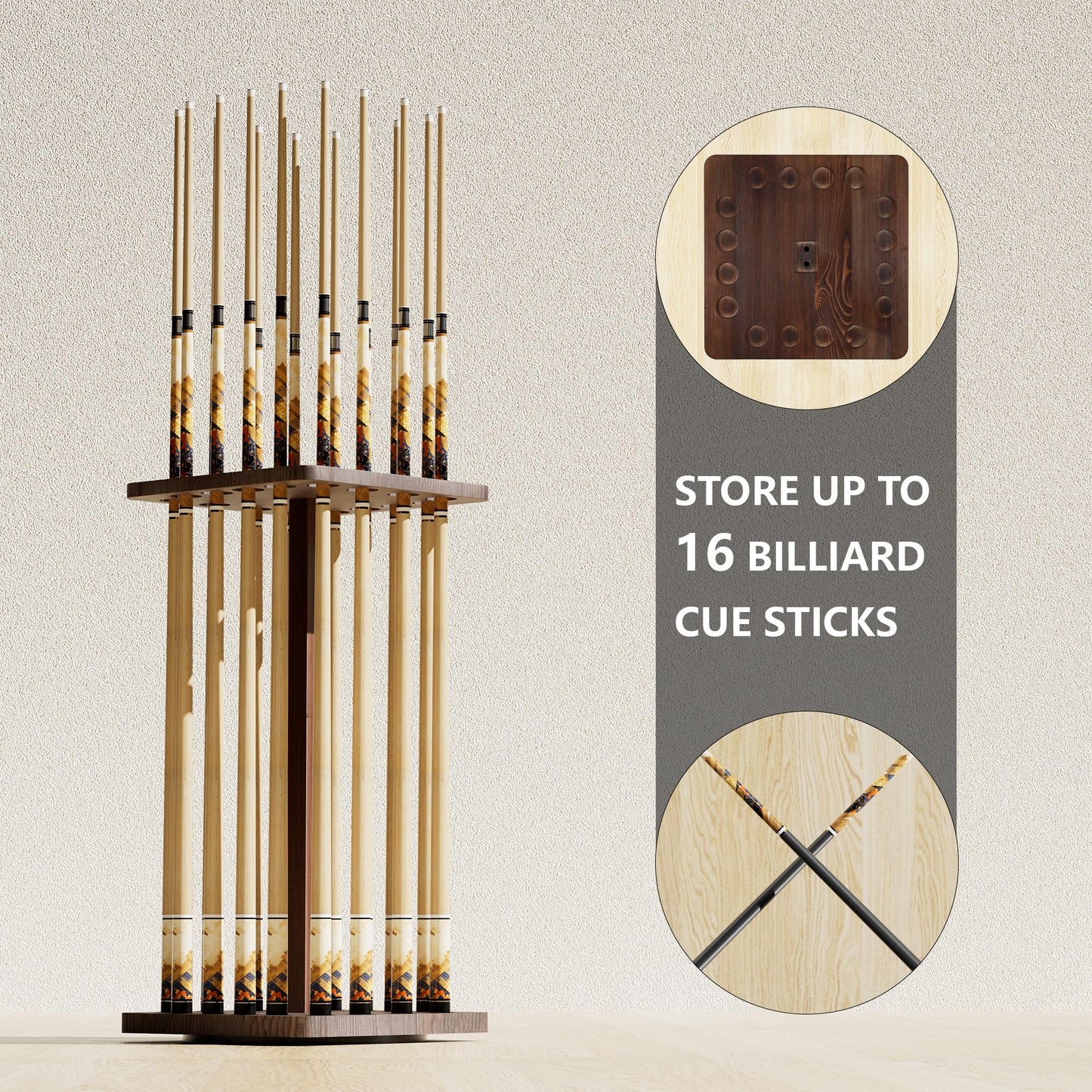 Rotating 15-Stick Pool Cue Rack