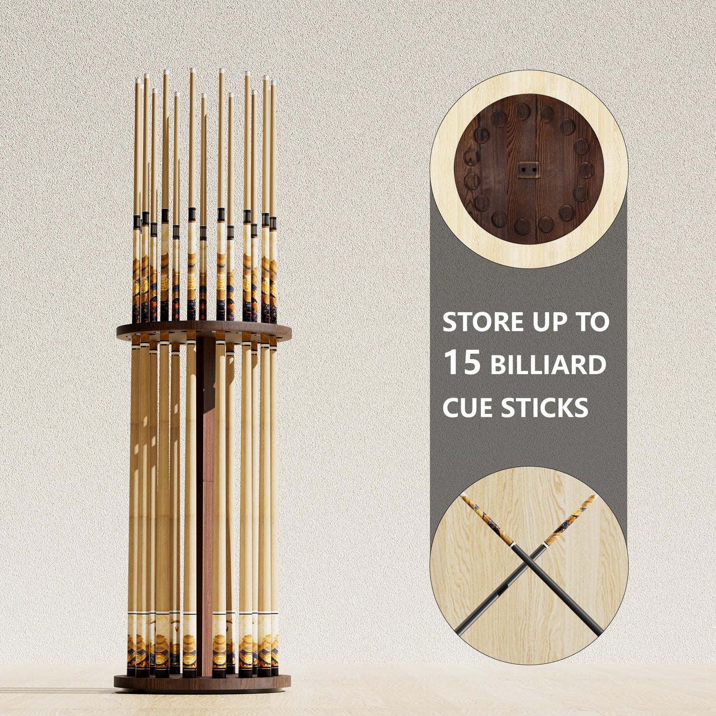 Rotating 15-Stick Pool Cue Rack
